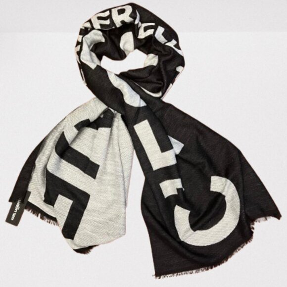 NEW Karl Lagerfeld C'est La Vie Logo Fringed Scarf- Oversized- Unisex - Picture 7 of 14